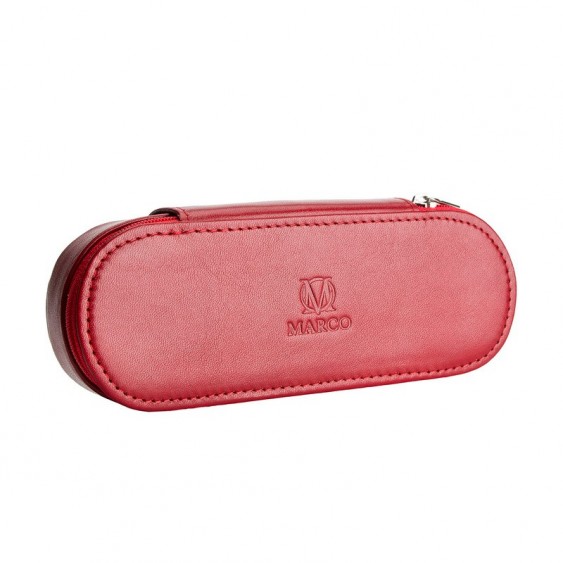 Red leather pencil case with room for eyeglasses