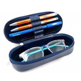 Granatowy piórnik etui na długopisy z miejscem na okulary